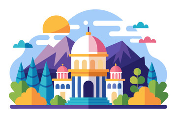 Fototapeta premium A white building with pink domes surrounded by mountains, trees and clouds