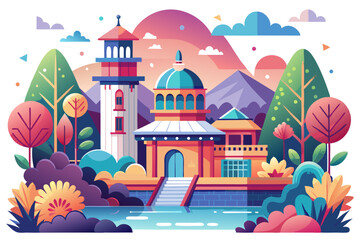 Fototapeta premium Colorful Illustration of a Cityscape with Buildings and Water