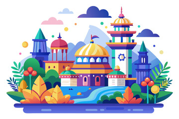 Obraz premium Colorful Cityscape with Domed Buildings and Lush Greenery