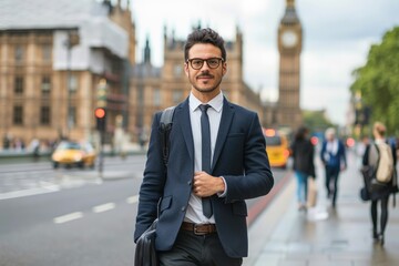 Businessman in Morning Cityscape Near Iconic Landmark