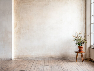 Empty room interiors composition in Mediterranean style with rustic elements.Interior design open space composition with no furniture.