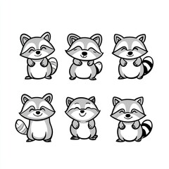 A collection of six cute raccoon illustrations showcasing different expressions.