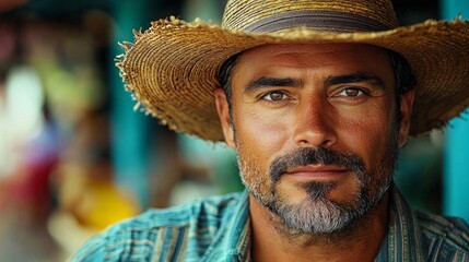 Fototapeta premium Close-up portrait of a smiling handsome fashionable bearded man in a white shirt and panama hat.