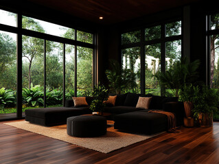 Fototapeta premium A cozy, modern living room with large windows, lush greenery, and dark sofa set creates serene atmosphere.