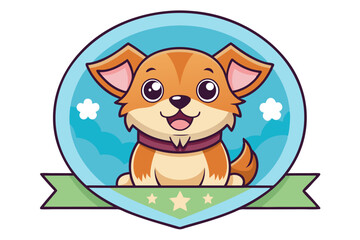 Cute Cartoon Dog with Blue Circle and Green Ribbon