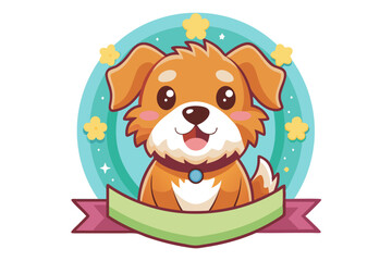 Cartoon Dog with Flowers and Ribbon Banner