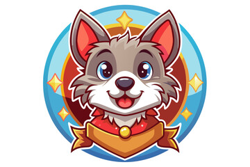 Cartoon Wolf with Red Ears and Blue Eyes in Circular Frame