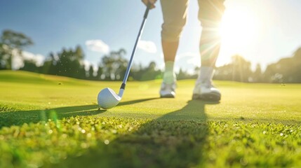 Obraz premium A golfer focuses on the ball as they prepare to swing their club, with sunlight illuminating the vibrant green grass, creating a picturesque setting