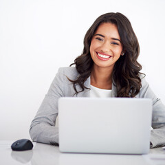 Portrait, consultant and woman with laptop, smile and accountant on white studio background. Face, happy person or employee with pc, connection or professional with admin for online system or network