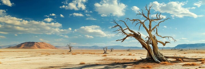 Naklejka premium Dry trees in a remote arid region. The beauty of the desert on a sunny day. Drought in the desert