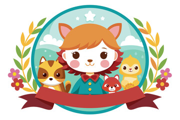 Naklejka premium Cute Cartoon Girl with Animal Friends in a Wreath