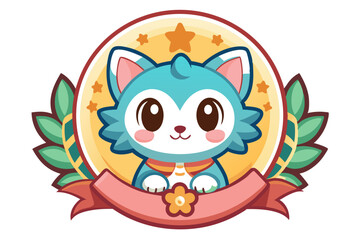 Cute Cartoon Blue Cat with a Star and Flower Award Badge