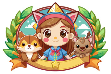 Cartoon Girl with Cat Ears and Two Animal Companions in a Circular Frame