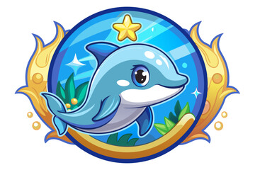Cartoon Dolphin with Star and Bubbles in a Circular Frame