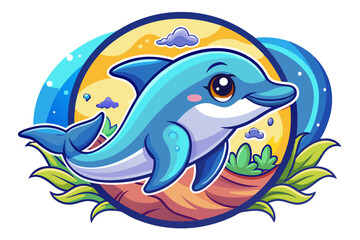 Naklejka premium A Cartoon Dolphin Surfacing from the Ocean