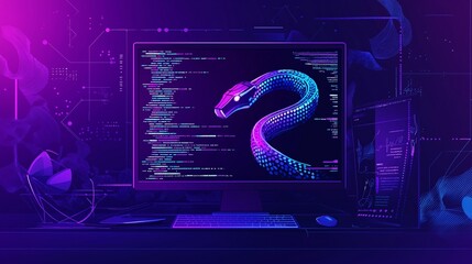 A computer screen displaying python code with a digital snake, symbolizing python programming for data engineering.