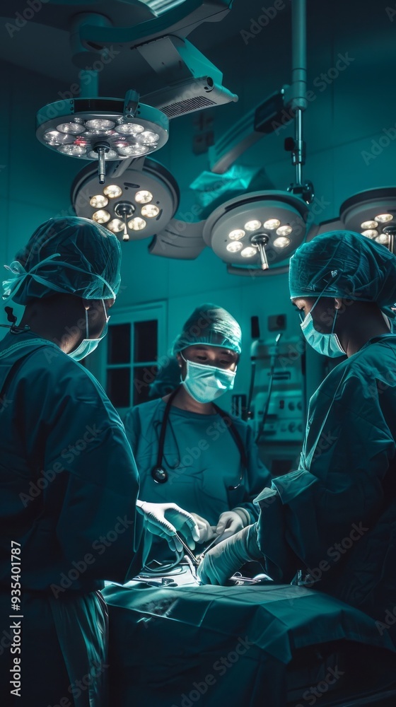 Poster a group of dedicated surgeons collaborates in a sterile surgical theater, concentrating on a complex