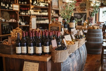 A rustic wine shop filled with shelves of fine reds. Baskets overflow with gourmet treats. A warm and inviting atmosphere captures the essence of local wines. Generative AI