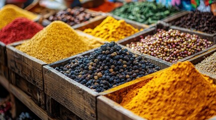 Fototapeta premium Vibrant Display of Colorful Spices at a Market Stall