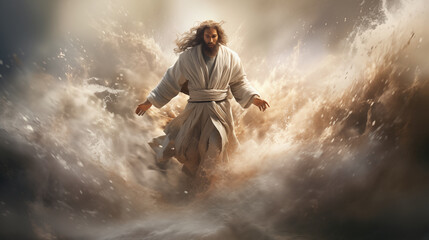 Obraz premium Jesus walking on turbulent waters during a raging storm emphasizing divine power and faith, water color style.