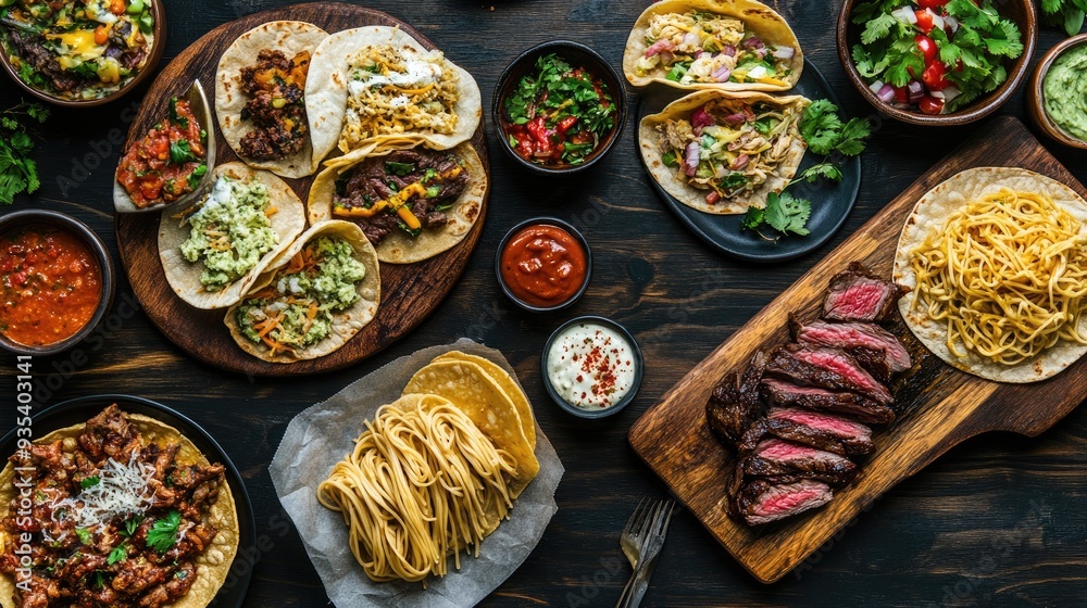 Canvas Prints A top-down shot of various delicious foods on a dark wood table. The spread includes pasta, flatbreads, tacos, and steak, creating a mouthwatering image for culinary promotions.