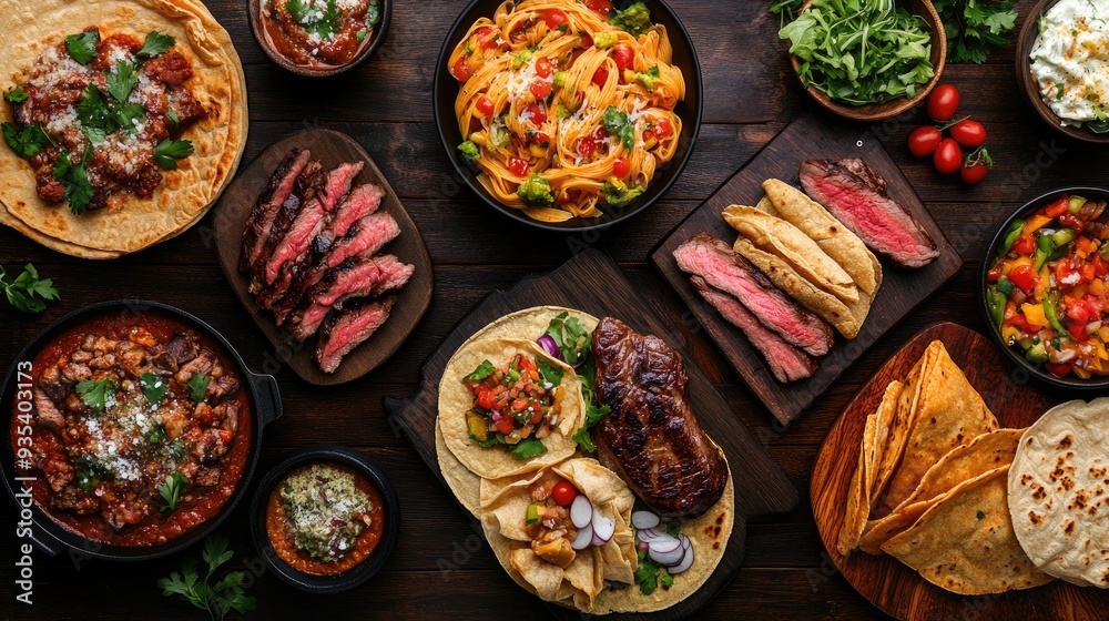 Wall mural A top-down view of a table scene filled with delicious foods, including pastas, flatbreads, tacos, and steak. The dark wood background enhances the rich colors and textures of the dishes.