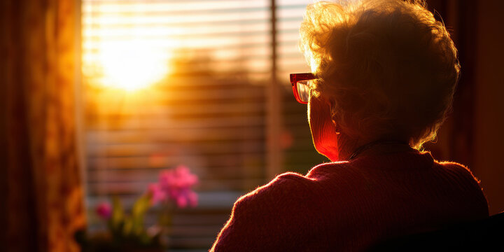 Elderly woman gazing out window at sunset, reflecting peacefully.
