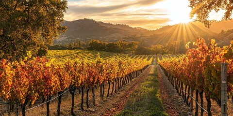 Naklejka premium Golden vineyard sunset with sun rays.