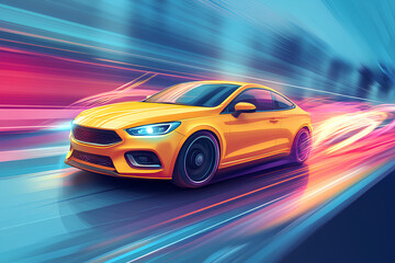 yellow car at high speed along the highway blur movement speed, cartoon style, vector, 3d rendering