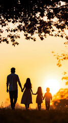 Fototapeta premium Silhouetted family walking at sunset, holding hands, evoking warmth and togetherness.
