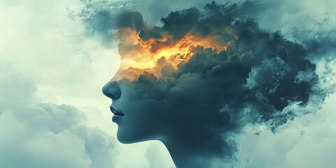 mental health concept with woman's head disintegrating into cloud