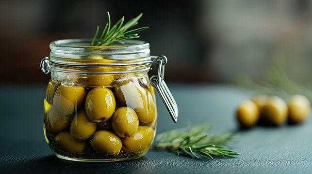 Elegant presentation of pickled green olives in a brine-filled jar, set on a black table. The minimalist design and contrast between the olives and table create a refined gourmet image