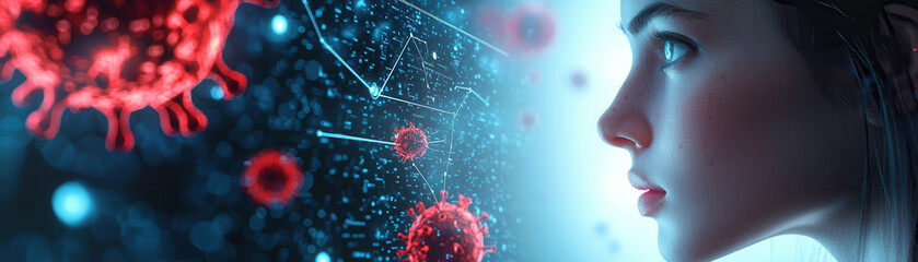 A woman gazes intently at floating virus particles, reflecting curiosity and concern. digital background enhances scientific theme.