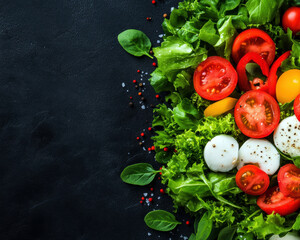 Fresh salad with vibrant tomatoes, mozzarella, and greens on dark background, evoking sense of freshness and health.