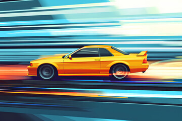 Fototapeta premium yellow car at high speed along the highway blur movement speed, cartoon style, vector, 3d rendering