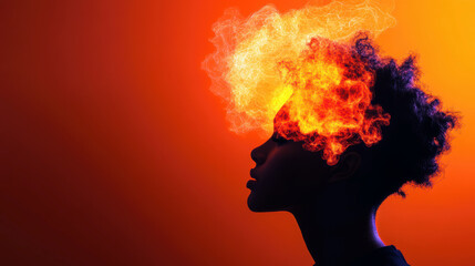 Silhouette of person with fiery hair, expressing creativity and passion.