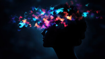 Silhouette of woman with colorful butterflies symbolizing imagination and creativity.