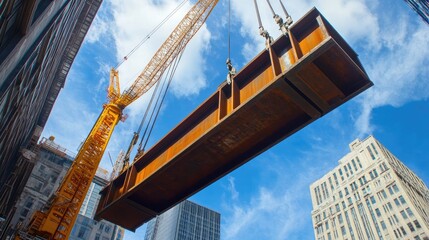 Fototapeta premium Construction Crane Lifting a Steel Beam in a City