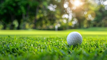 A pristine golf ball rests on vibrant green grass, ready for the next stroke. The warm afternoon sunlight bathes the scene, enhancing the tranquil ambiance of the golf course