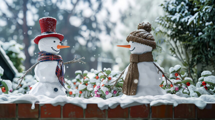 Two snowmen standing on a snow-covered brick wall.