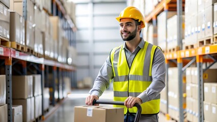A male employee operating a hand truck in a warehouse filled with rows of racks and goods.
