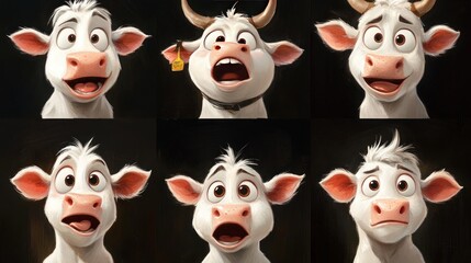 A collage of expressive cartoon cows showcasing various emotions.