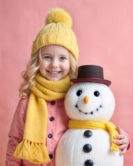 Fototapeta premium Cheerful Little Girl in Yellow Winter Hat Hugging Cute Snowman Toy Against Pink Background 