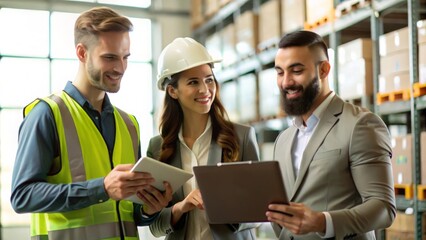 A logistics team discussing plans in a warehouse with visible racks and stacked items in the background.
