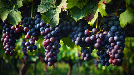 Ripe Grapes Hanging from Vine in Vineyard.