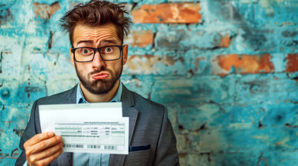 Surprised Man Holding a Ticket in Front of a Brick Wall.