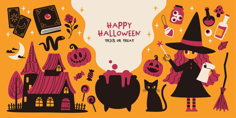 Cute Witch Halloween Vector Illustration Set