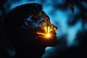 A creative silhouette depicting a forest scene with a sunset, symbolizing harmony between nature and humanity.