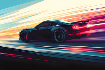 Obraz premium black car at high speed along the highway blur movement speed, cartoon style, vector, 3d rendering