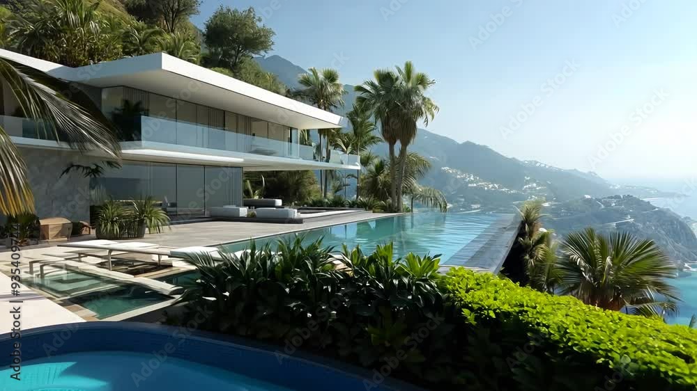 Wall mural Luxury contemporary architecture house with pool at the top of a cliff with view to the ocean